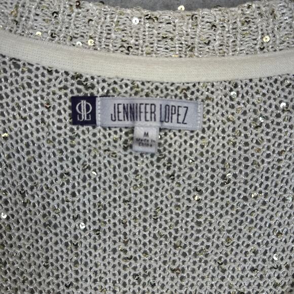 Jennifer Lopez Sweater Womens Medium Cream Sequins Cardigan Short Sleeve V-Neck - Picture 3 of 10